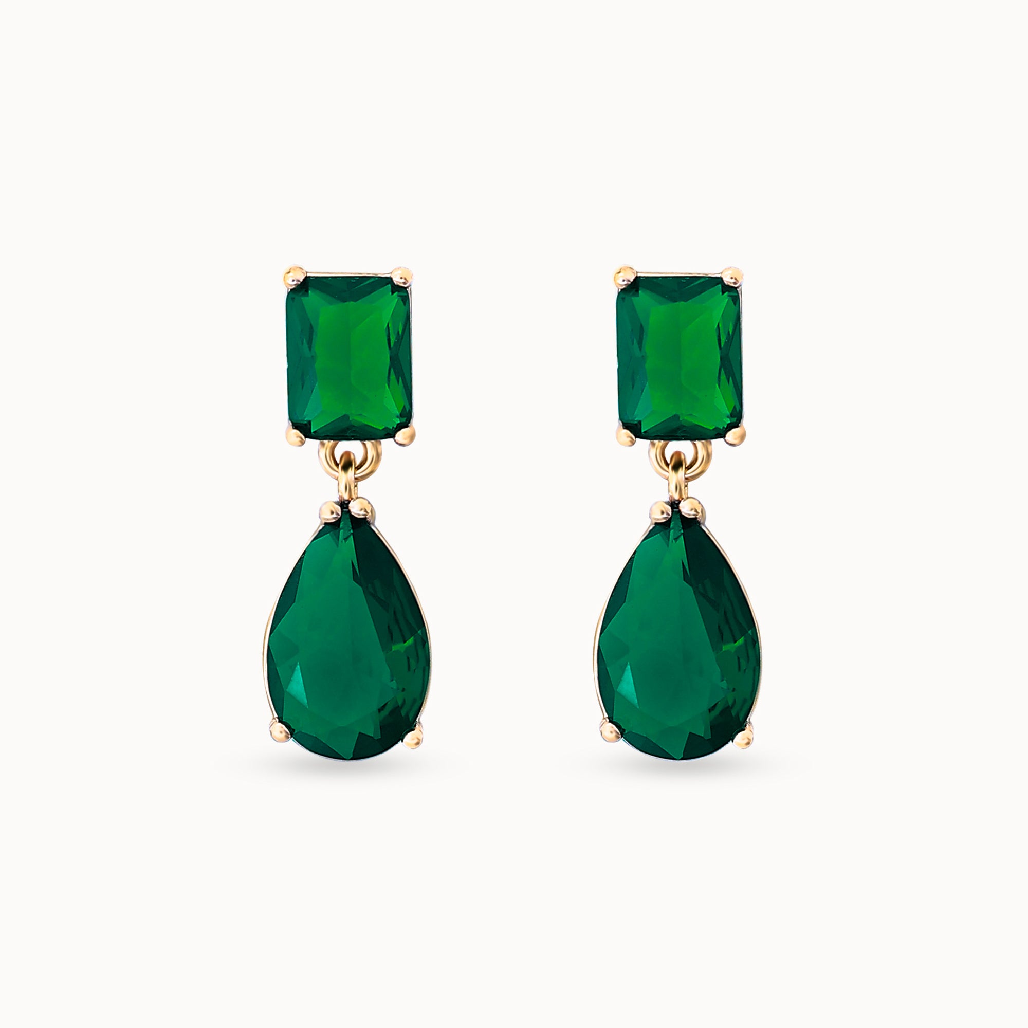 Product Image Close-up of Emerald Essence Drop Earrings showing rich green stone and gold finish