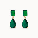 Product Image Close-up of Emerald Essence Drop Earrings showing rich green stone and gold finish