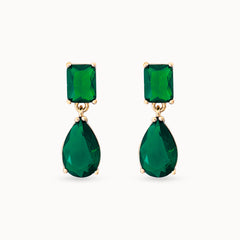 Product Image Close-up of Emerald Essence Drop Earrings showing rich green stone and gold finish