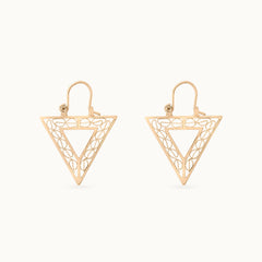 Close up of Modern downward-facing triangular hoops plated in 18k gold, named Golden Vertex. Lightweight and hypoallergenic, perfect for a bold yet minimalist look