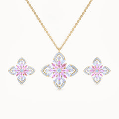 Product image Pink Radiance 14k Gold Plated Jewelry Set with four-leaf design necklace, pendant, and earrings