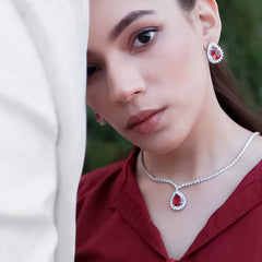 Ruby Allure Platinum Plated Jewelry Set with drop pendant, earrings, and necklace