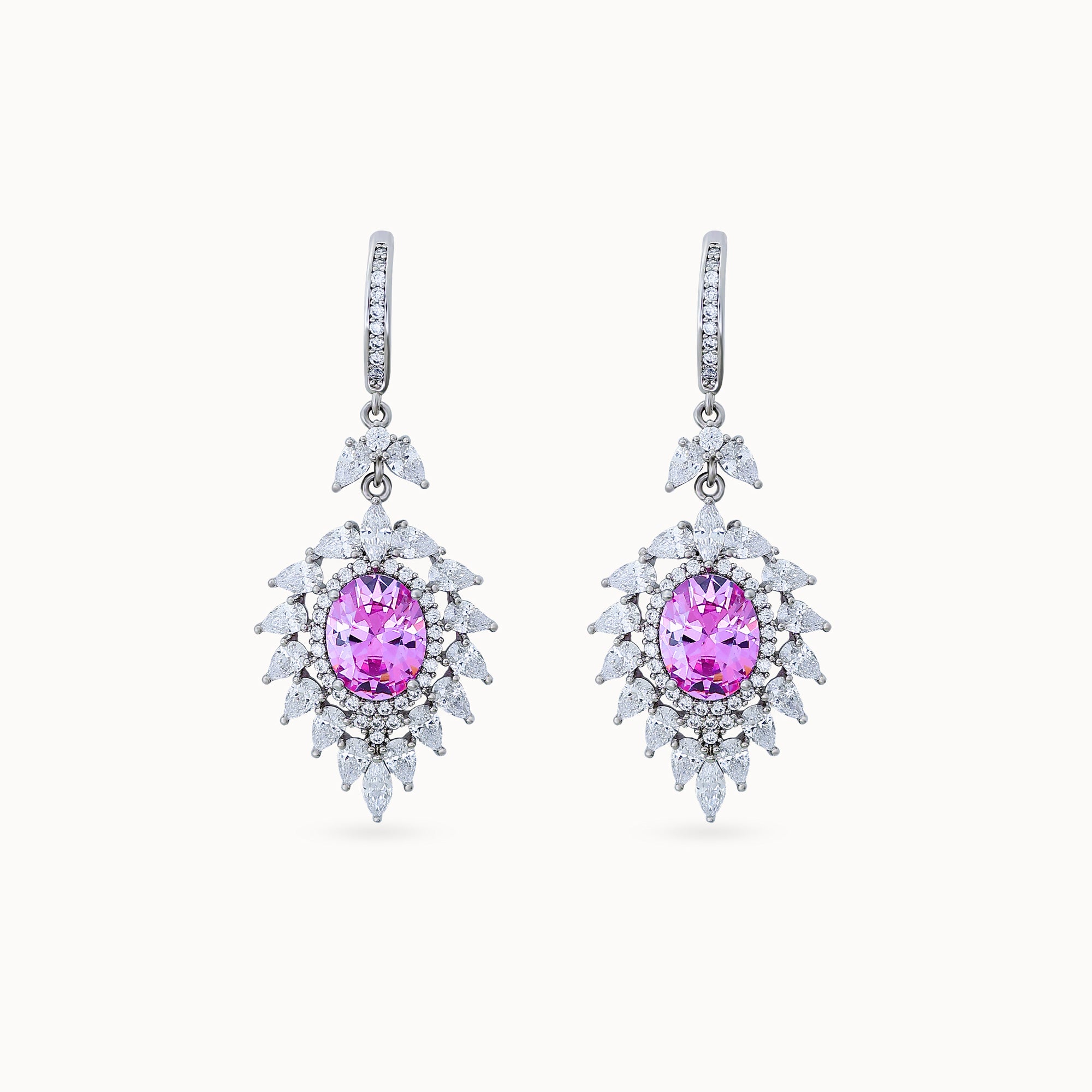 Close up Sophia Platinum Earrings with a pink center and sparkling accents for a timeless elegant look