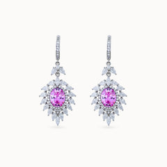 Close up Sophia Platinum Earrings with a pink center and sparkling accents for a timeless elegant look